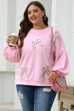 Light Pink Embroidered Bow Lantern Sleeve Oversized Pullover Sweatshirt - MarkoFit