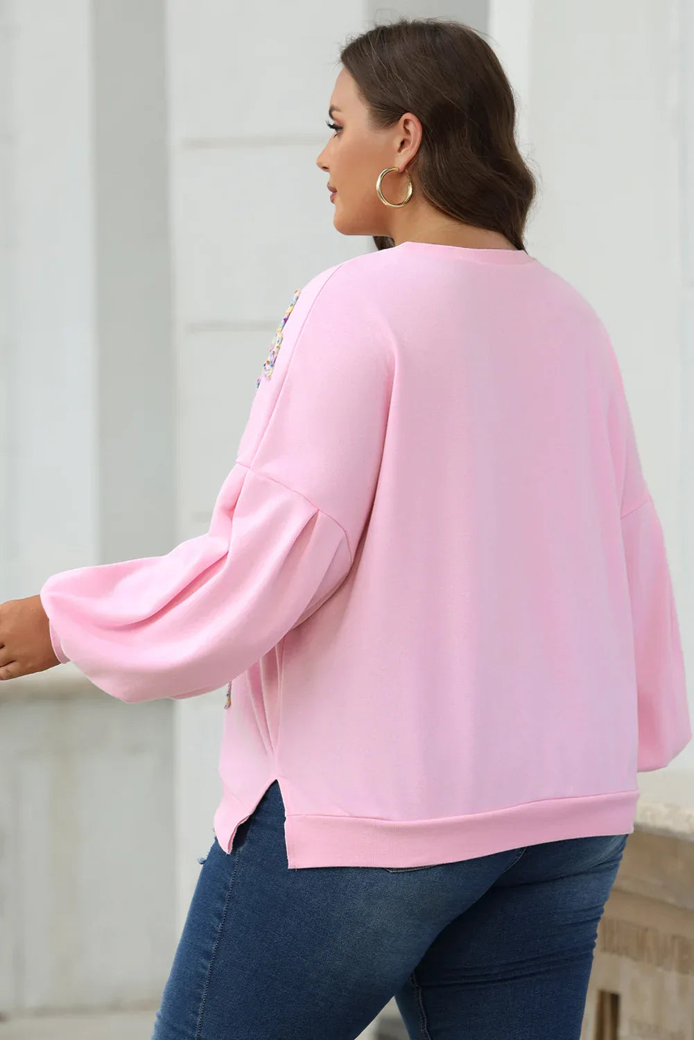 Light Pink Embroidered Bow Lantern Sleeve Oversized Pullover Sweatshirt - MarkoFit