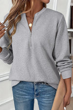 Medium Grey Trendy Textured Half Zip Loose Sweatshirt - MarkoFit