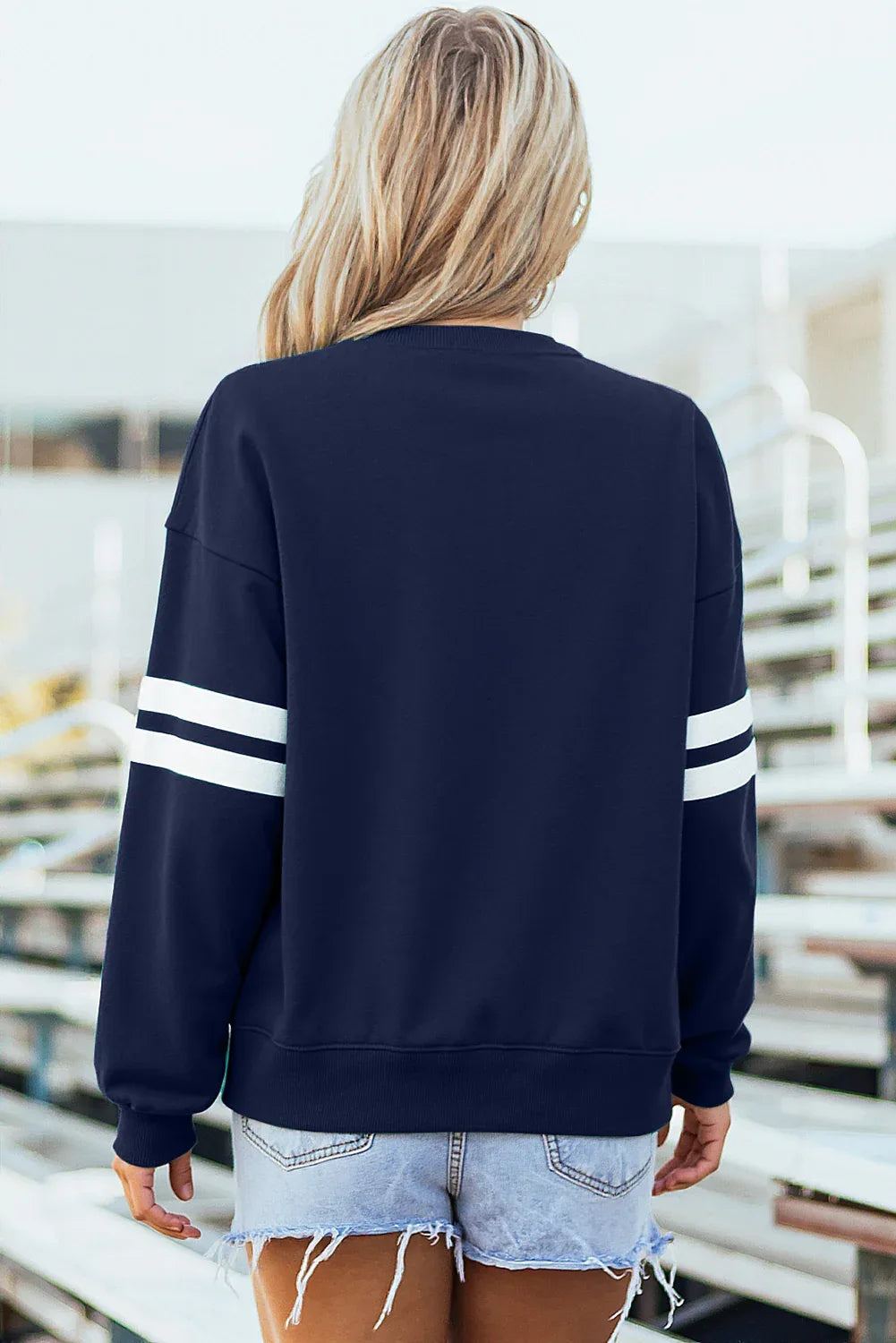 Navy Blue Varsity Striped Detail Drop Shoulder Oversized Sweatshirt - MarkoFit
