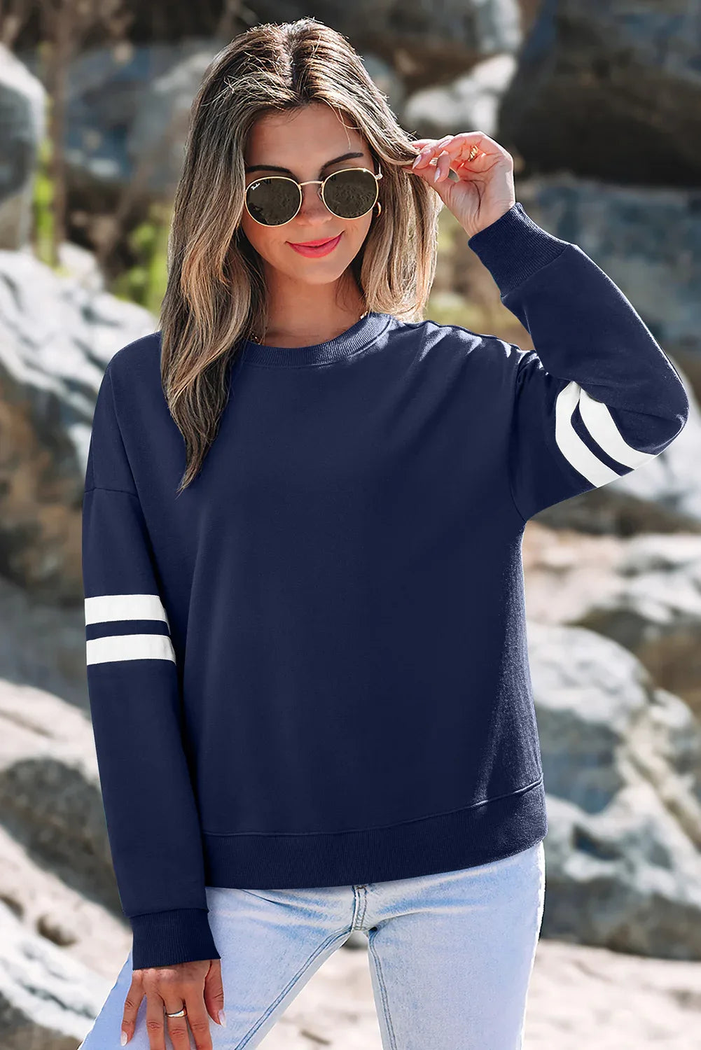 Navy Blue Varsity Striped Detail Drop Shoulder Oversized Sweatshirt - MarkoFit