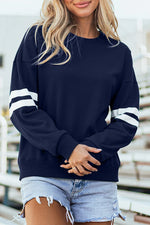 Navy Blue Varsity Striped Detail Drop Shoulder Oversized Sweatshirt - MarkoFit