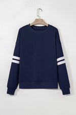 Navy Blue Varsity Striped Detail Drop Shoulder Oversized Sweatshirt - MarkoFit