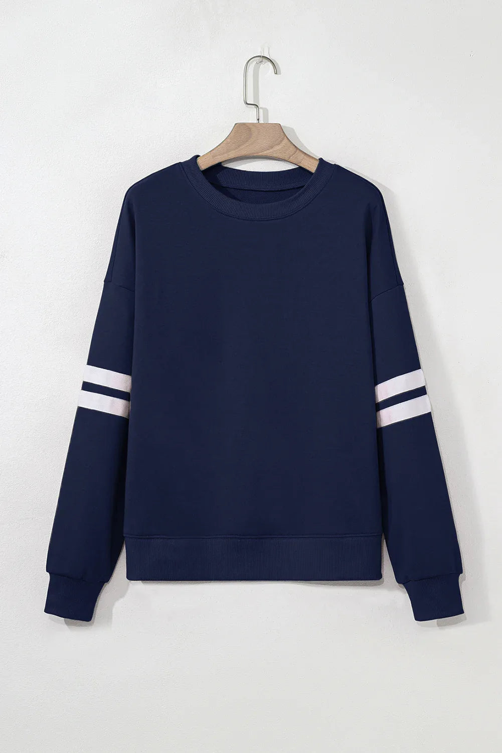 Navy Blue Varsity Striped Detail Drop Shoulder Oversized Sweatshirt - MarkoFit