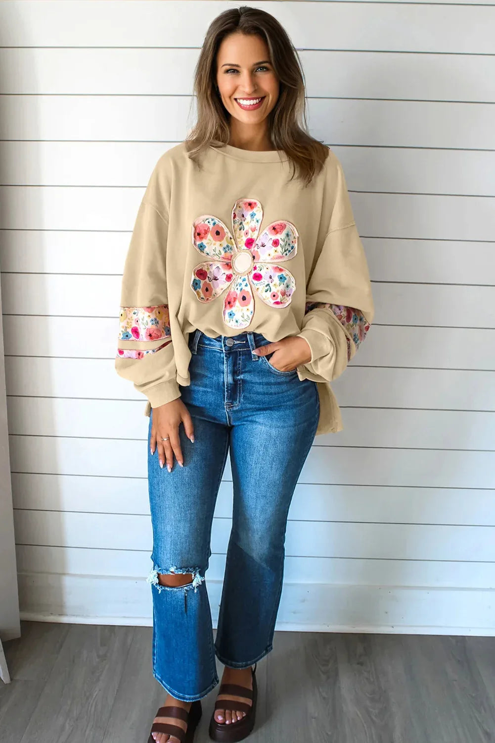 Pale Khaki Floral Applique Baggy Pullover Sweatshirt - MarkoFit