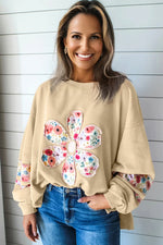 Pale Khaki Floral Applique Baggy Pullover Sweatshirt - MarkoFit