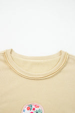 Pale Khaki Floral Applique Baggy Pullover Sweatshirt - MarkoFit