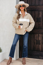 Parchment Fleece Colorblock Patchwork Zipped Neck Pullover Sweatshirt - MarkoFit