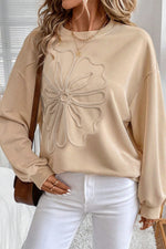 Parchment Embroidered Flower Pattern Drop Shoulder Sweatshirt - MarkoFit