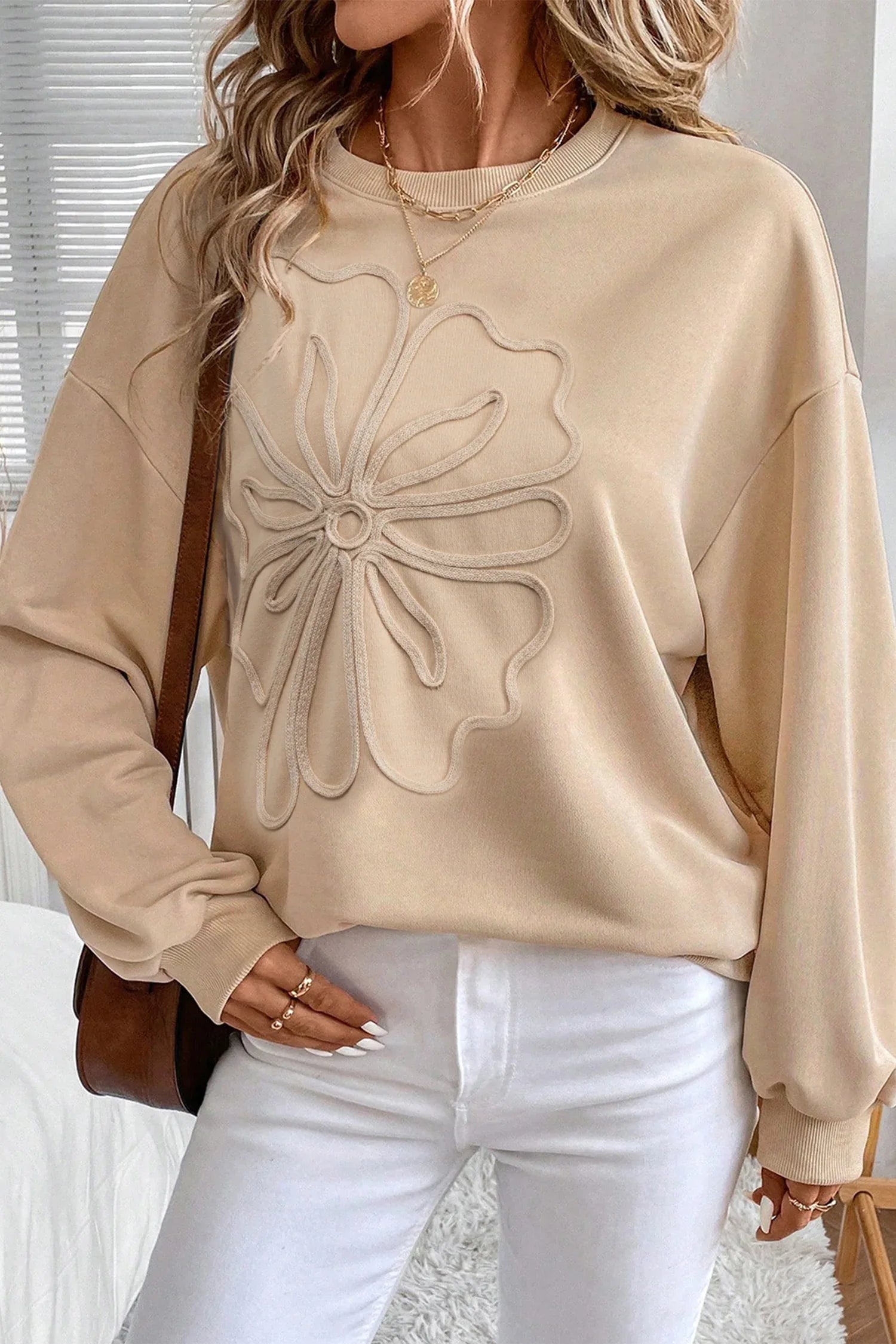 Parchment Embroidered Flower Pattern Drop Shoulder Sweatshirt - MarkoFit