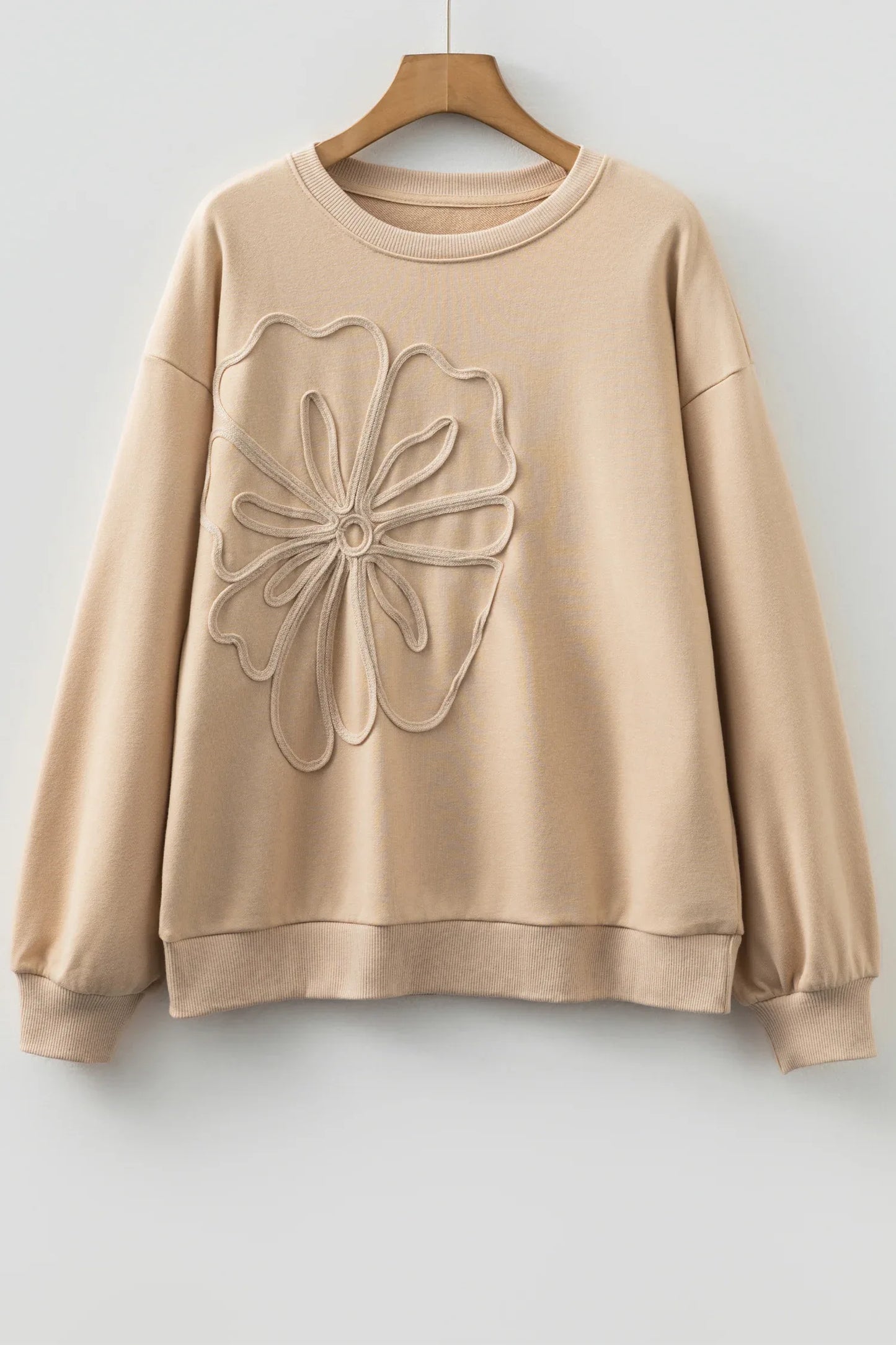 Parchment Embroidered Flower Pattern Drop Shoulder Sweatshirt - MarkoFit