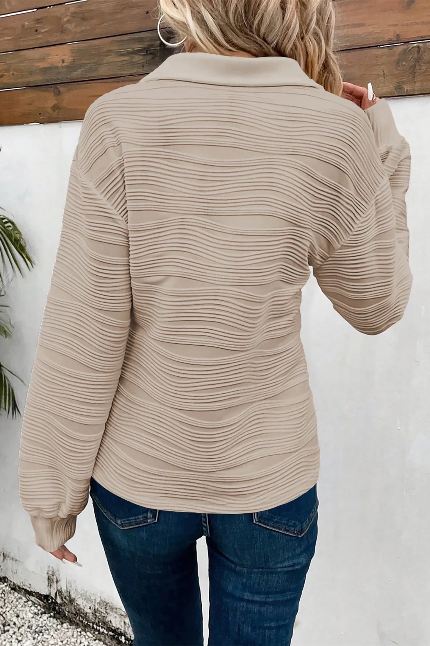 Parchment Solid Color Textured Zip V Neck Pullover Sweatshirt - MarkoFit
