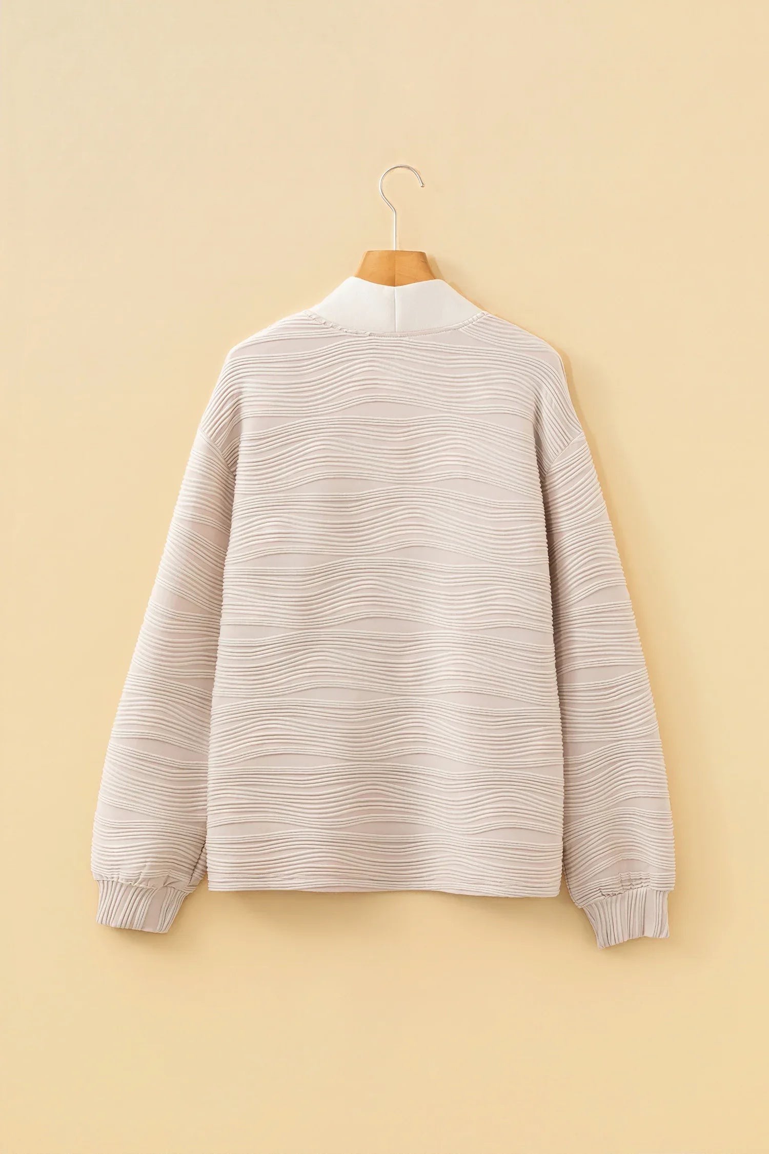 Parchment Solid Color Textured Zip V Neck Pullover Sweatshirt - MarkoFit