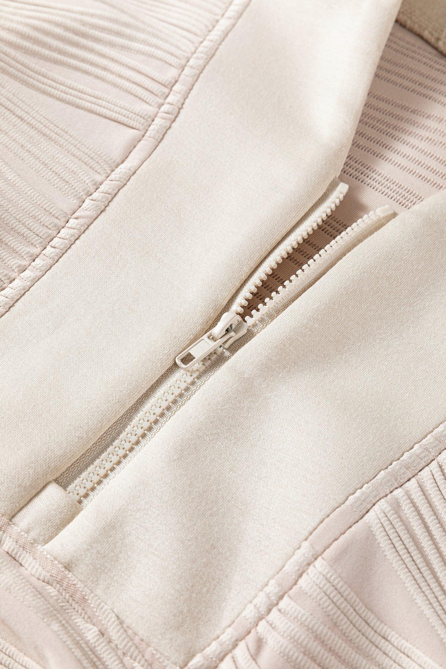 Parchment Solid Color Textured Zip V Neck Pullover Sweatshirt - MarkoFit