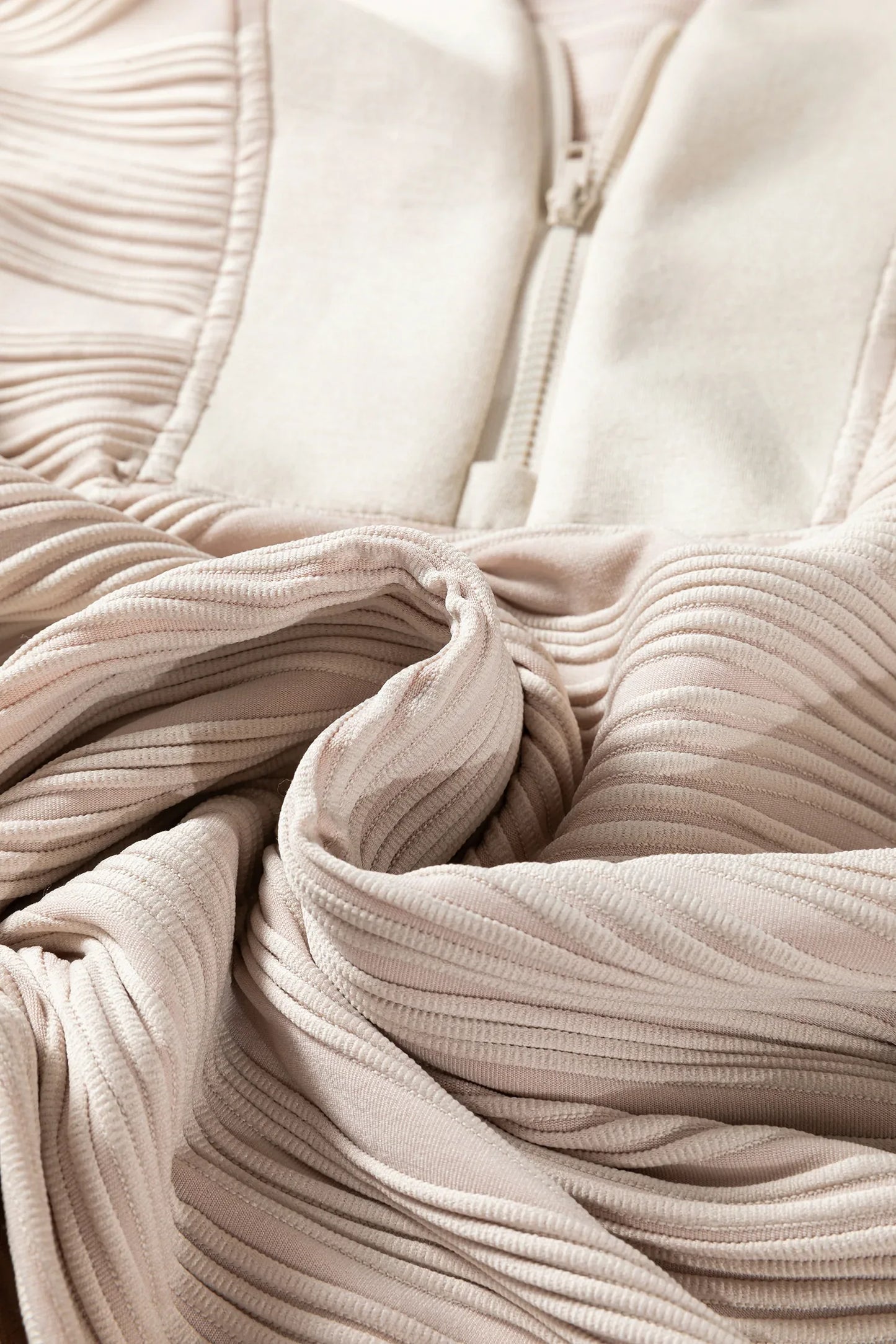 Parchment Solid Color Textured Zip V Neck Pullover Sweatshirt - MarkoFit