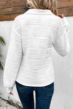 White Solid Color Textured Zip V Neck Pullover Sweatshirt - MarkoFit