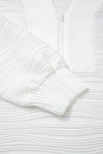 White Solid Color Textured Zip V Neck Pullover Sweatshirt - MarkoFit