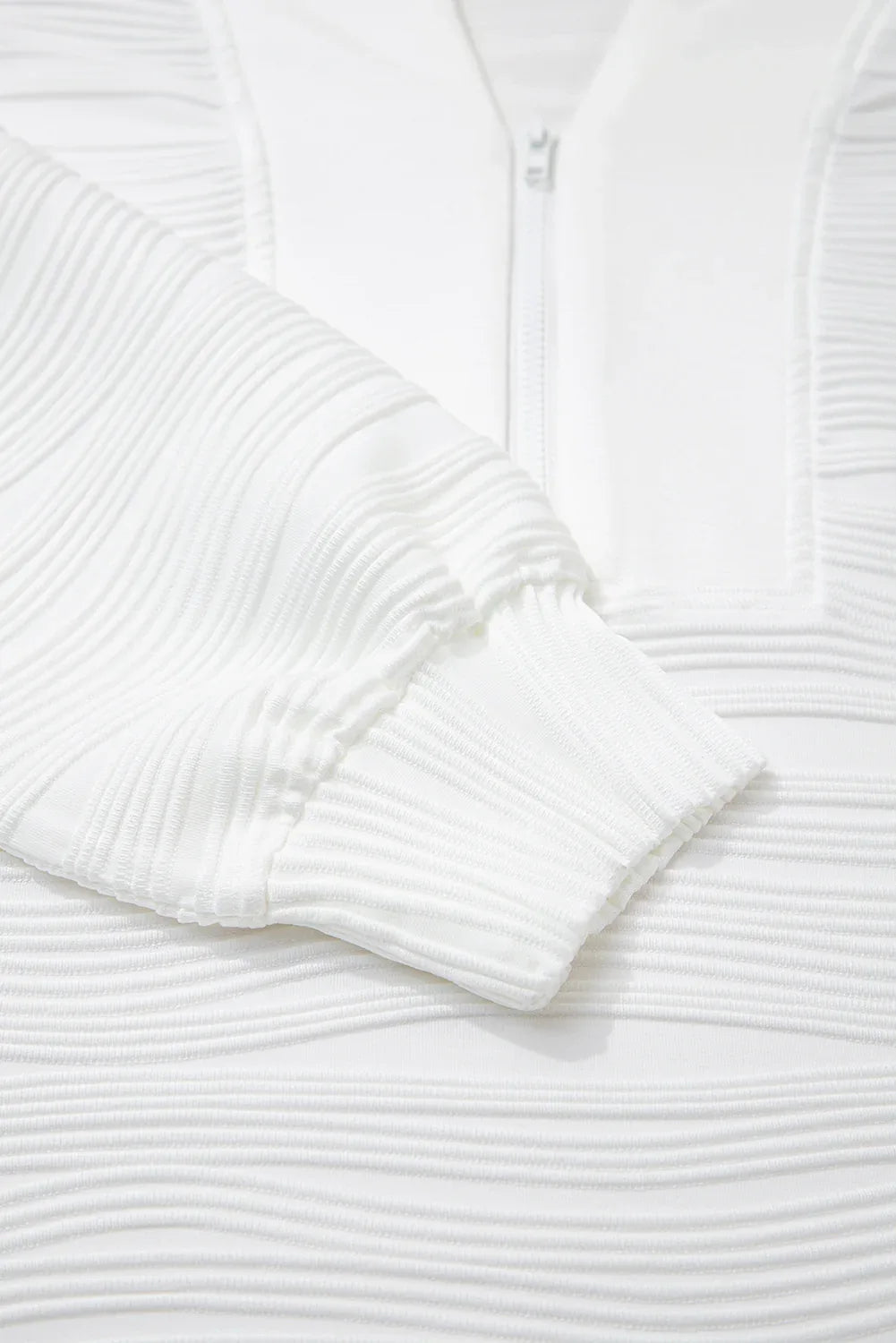 White Solid Color Textured Zip V Neck Pullover Sweatshirt - MarkoFit
