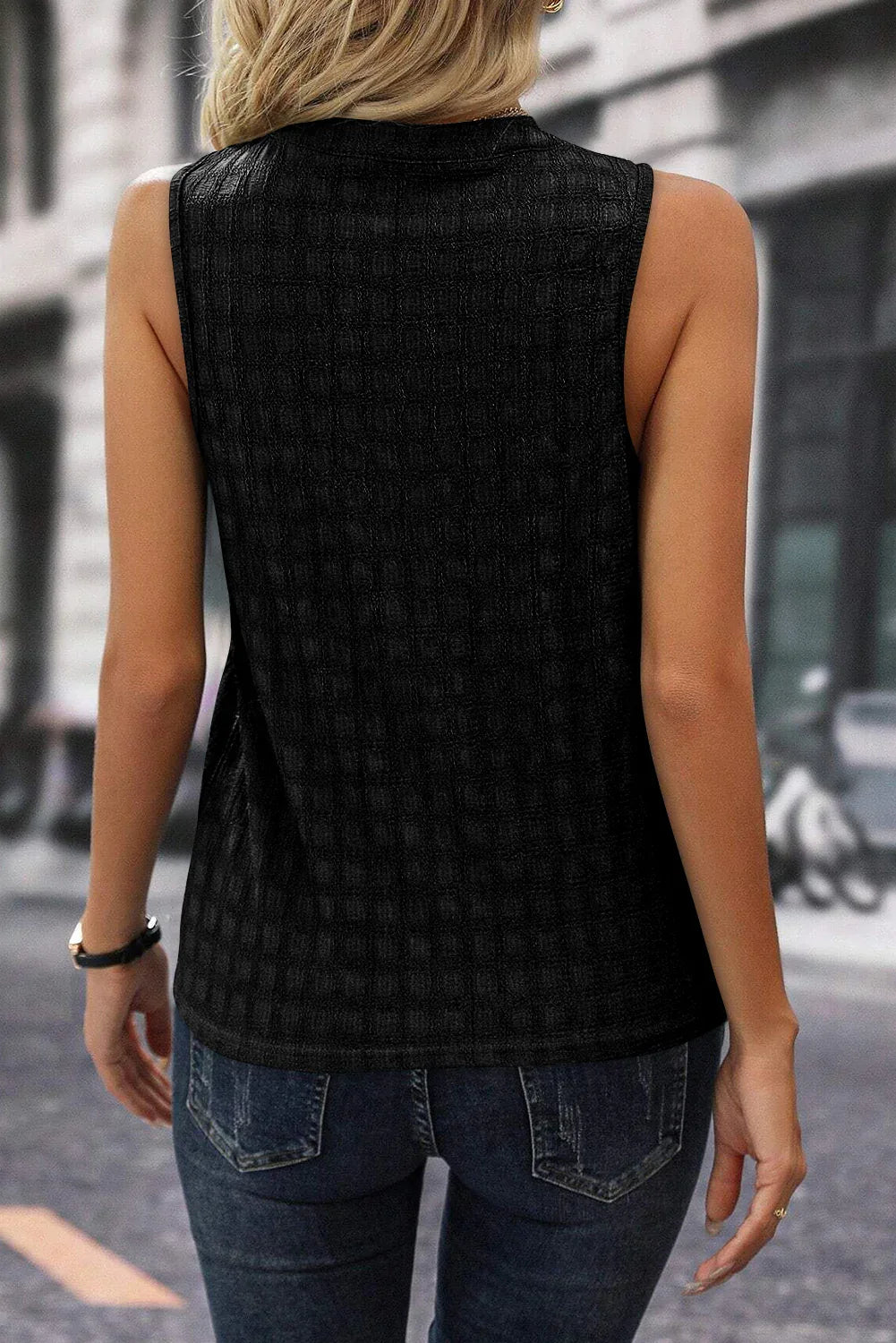 Black Lattice Textured Split Neck Tank Top - MarkoFit