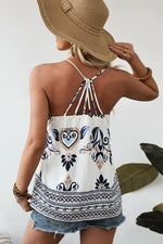 Blue Bohemian Fashion Print Spaghetti Straps Loose Tank - MarkoFit