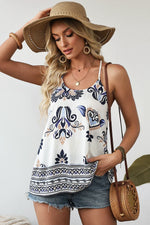 Blue Bohemian Fashion Print Spaghetti Straps Loose Tank - MarkoFit