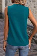 Blue Sapphire Solid Color Stitching Detail Round Neck Tank Top - MarkoFit