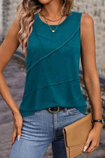 Blue Sapphire Solid Color Stitching Detail Round Neck Tank Top - MarkoFit