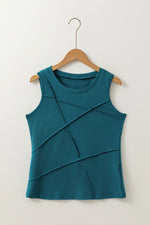 Blue Sapphire Solid Color Stitching Detail Round Neck Tank Top - MarkoFit