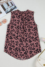 Brown Leaf Print Lace-up V Neck Crinckled Tank Top - MarkoFit