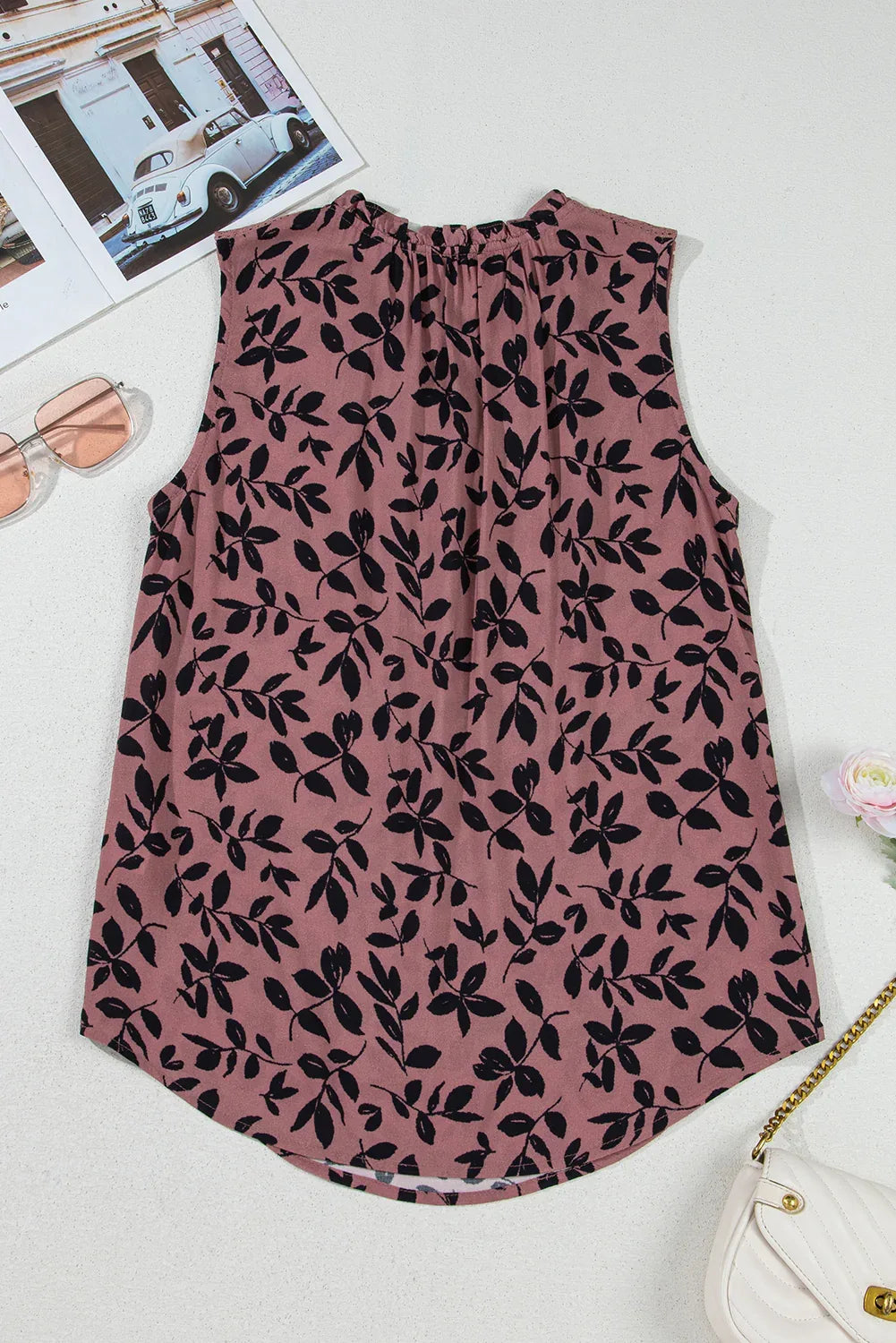 Brown Leaf Print Lace-up V Neck Crinckled Tank Top - MarkoFit