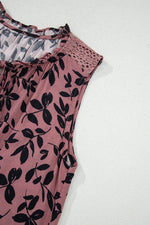 Brown Leaf Print Lace-up V Neck Crinckled Tank Top - MarkoFit