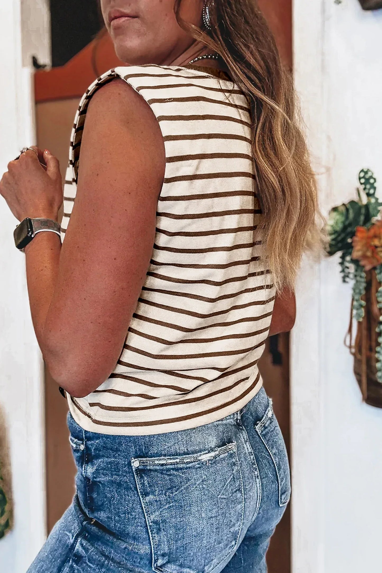Brown Stripe Ribbed Round Neck Trim Loose Tank Top - MarkoFit