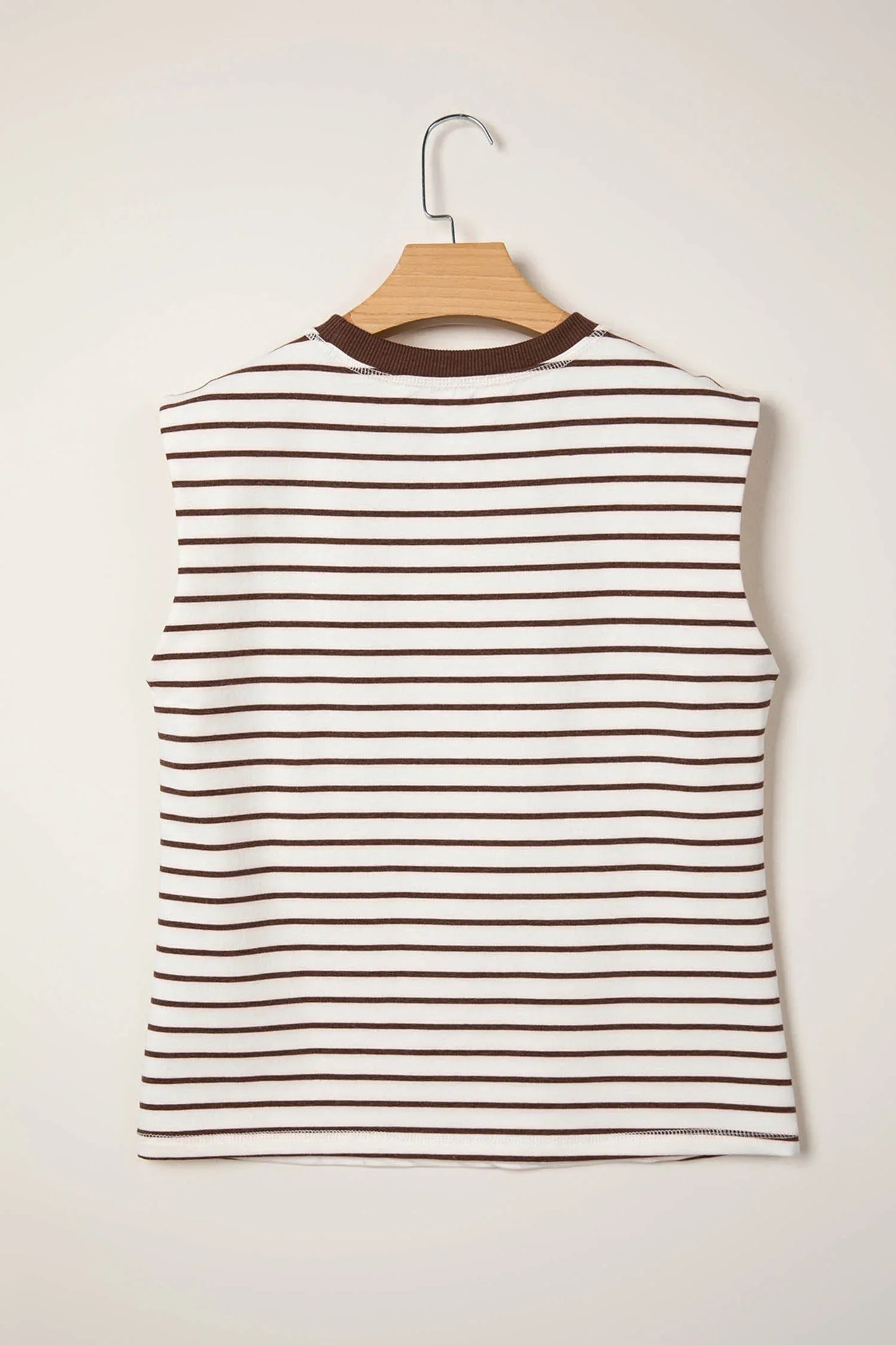 Brown Stripe Ribbed Round Neck Trim Loose Tank Top - MarkoFit