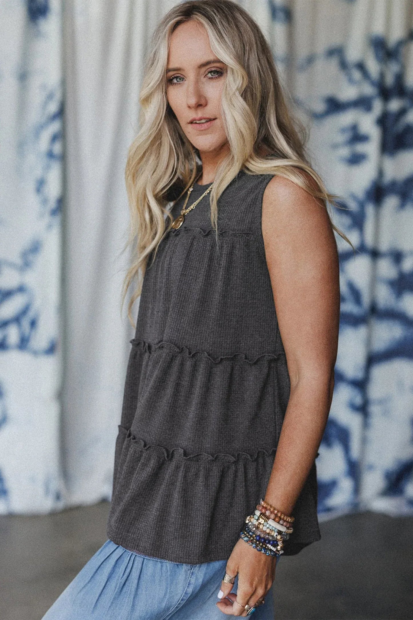Dark Grey Tiered Frill Trim A-line Tank Top - MarkoFit