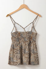 Khaki Paisley Printed Spaghetti Strap V Neck Smocked Babydoll Tank Top - MarkoFit