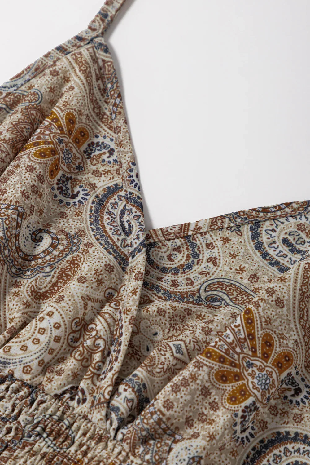 Khaki Paisley Printed Spaghetti Strap V Neck Smocked Babydoll Tank Top - MarkoFit