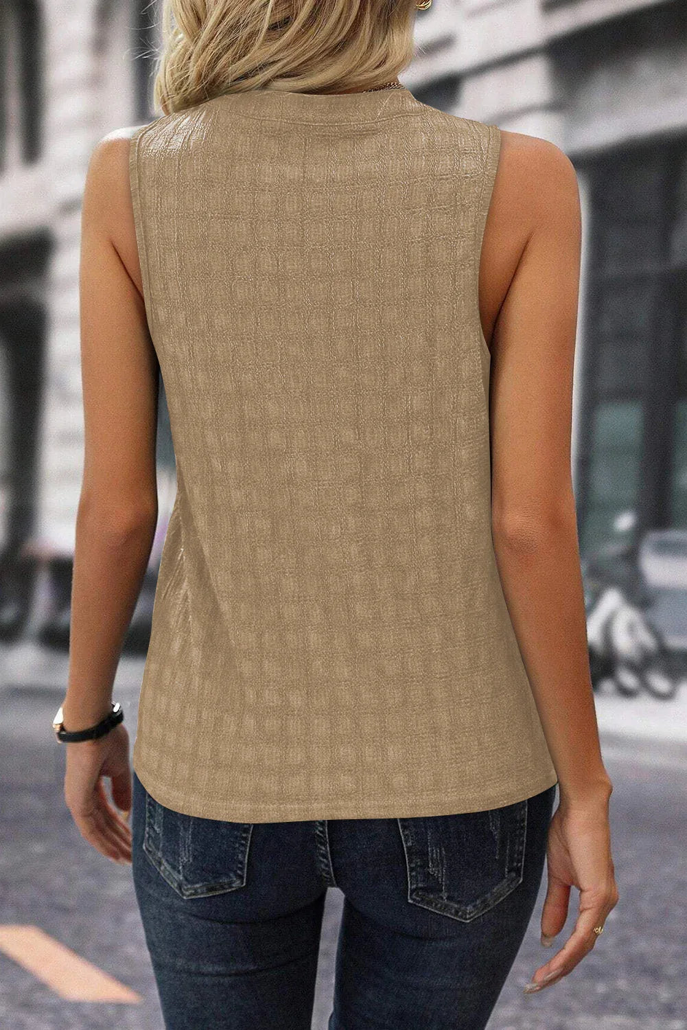 Light French Beige Lattice Textured Split Neck Tank Top - MarkoFit