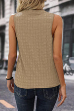 Light French Beige Lattice Textured Split Neck Tank Top - MarkoFit