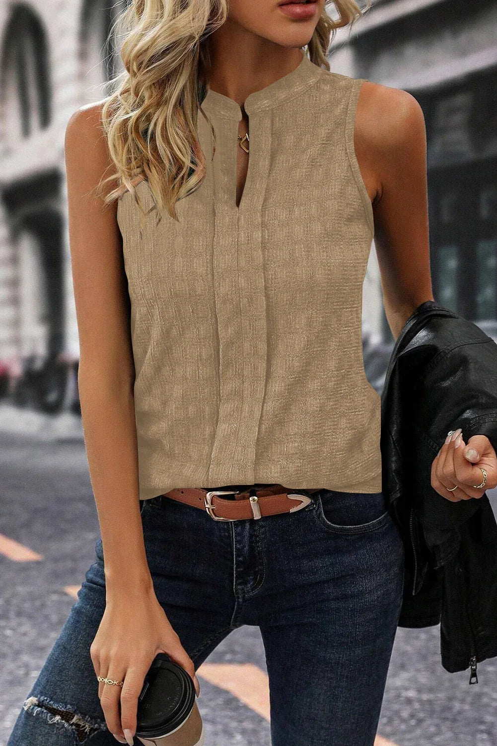 Light French Beige Lattice Textured Split Neck Tank Top - MarkoFit