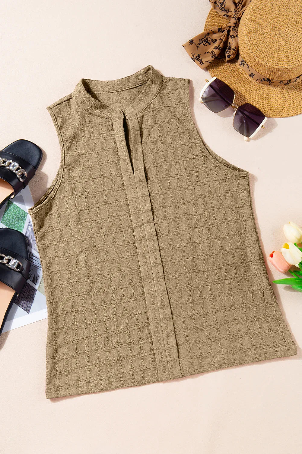 Light French Beige Lattice Textured Split Neck Tank Top - MarkoFit