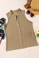 Light French Beige Lattice Textured Split Neck Tank Top - MarkoFit