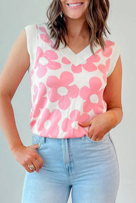 Pink Cute Flower Knitted V Neck Tank Top - MarkoFit