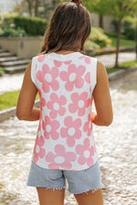Pink Cute Flower Knitted V Neck Tank Top - MarkoFit