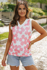 Pink Cute Flower Knitted V Neck Tank Top - MarkoFit