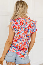 Red Frilled Neck Pleated Boho Floral Tank Top - MarkoFit