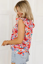 Red Frilled Neck Pleated Boho Floral Tank Top - MarkoFit