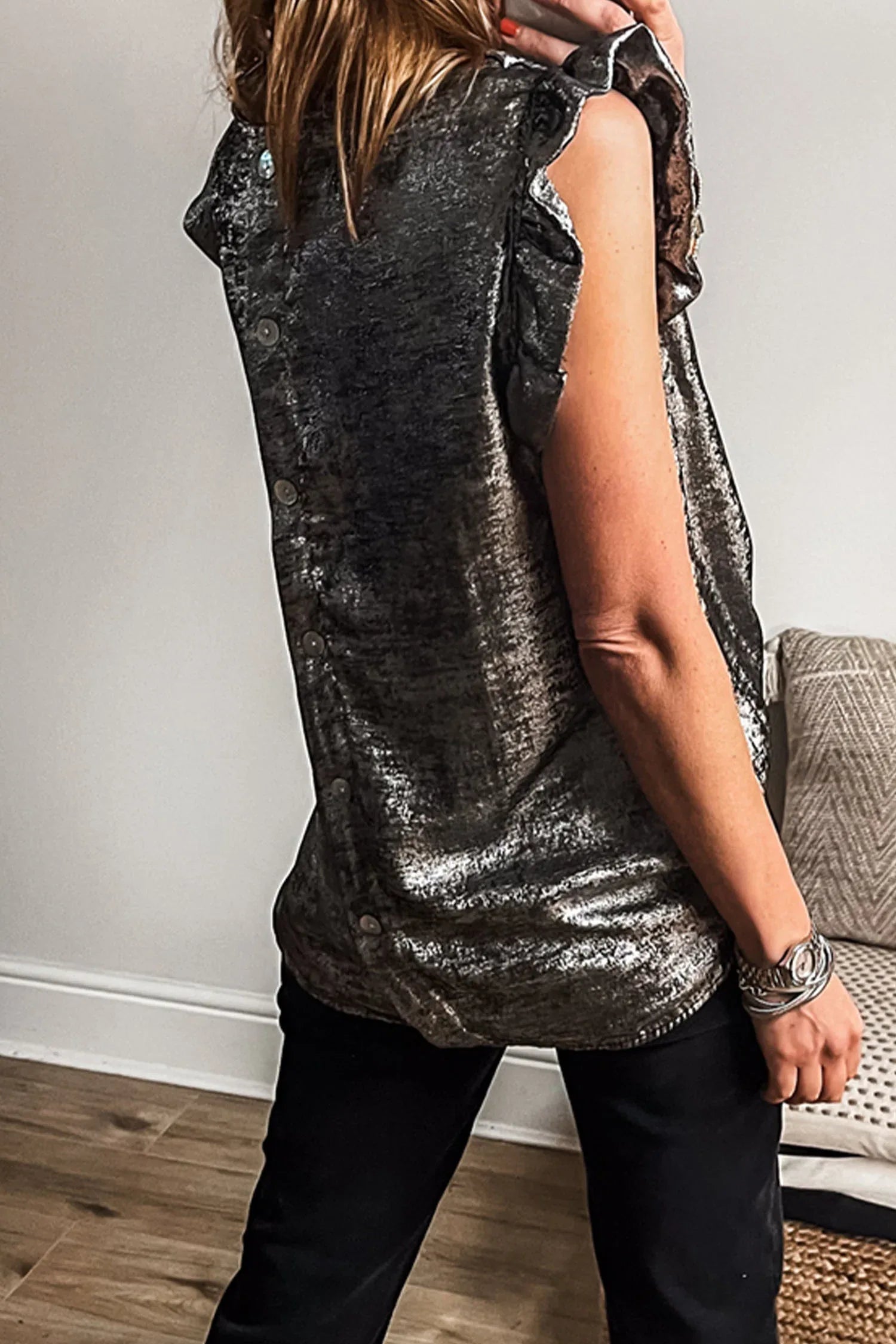 Silvery Metallic Round Neck Ruffle Trim Sleeveless Top - MarkoFit