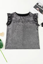 Silvery Metallic Round Neck Ruffle Trim Sleeveless Top - MarkoFit