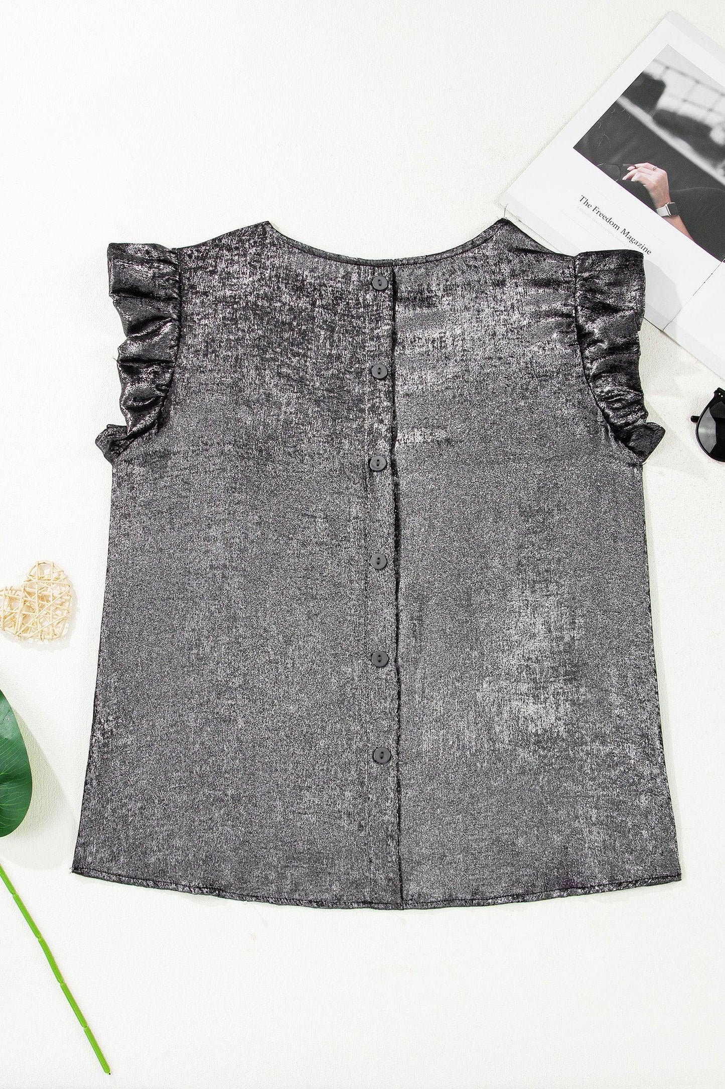 Silvery Metallic Round Neck Ruffle Trim Sleeveless Top - MarkoFit