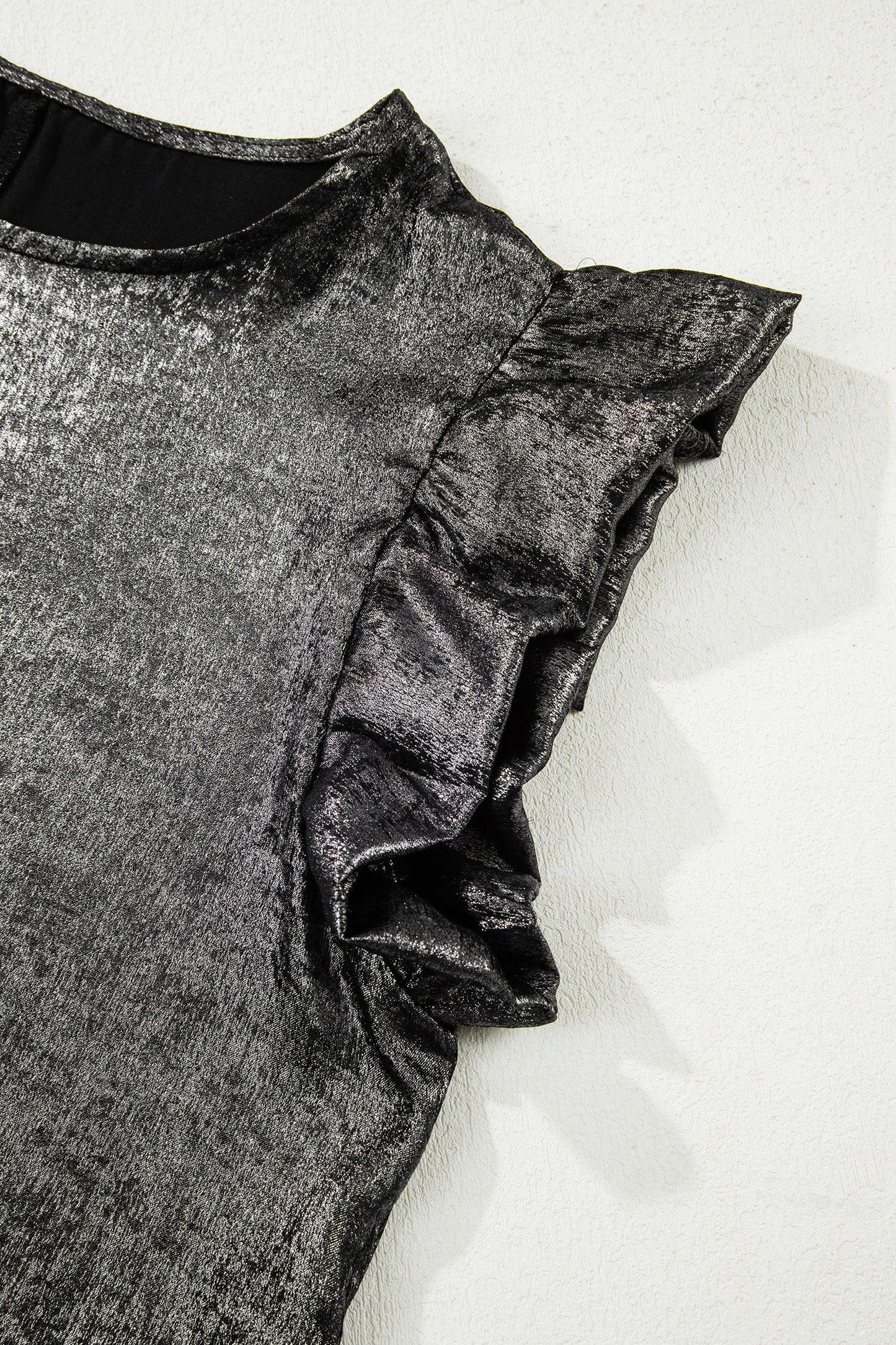 Silvery Metallic Round Neck Ruffle Trim Sleeveless Top - MarkoFit